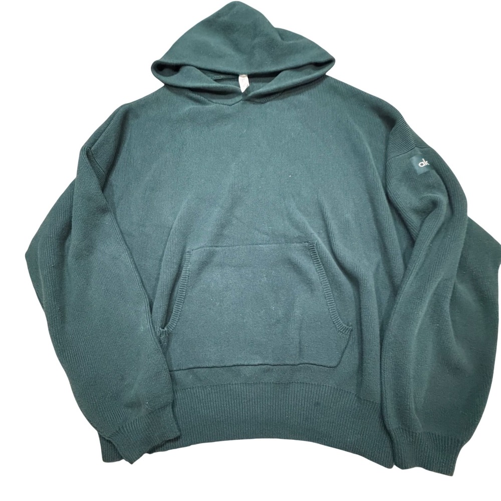 Alo Yoga Scholar Hooded Sweater Women XL Oversized Ribbed Knit Dark Green